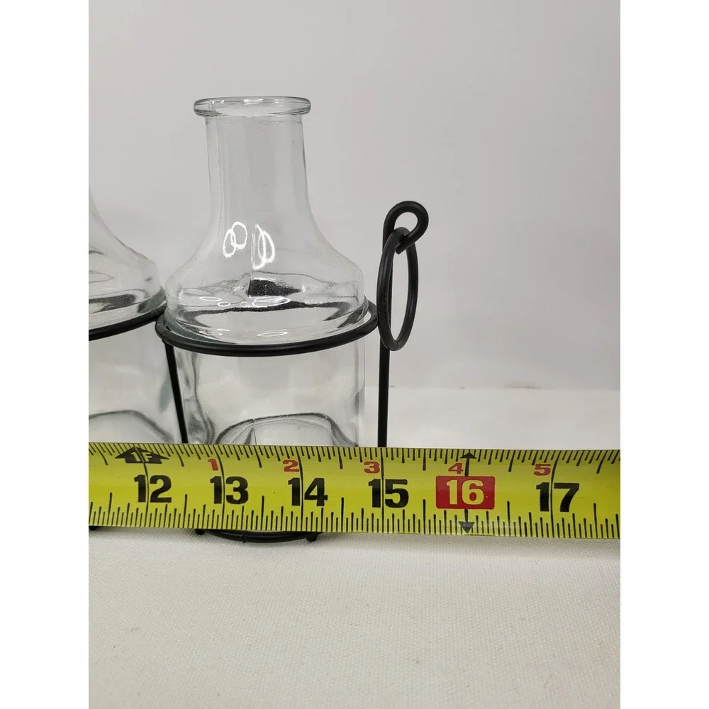 5 Piece Glass Bud Vase Set with Black Metal Wire Rack Caddy Farmhouse Decor